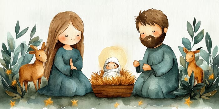 The painting depicts Mary, Joseph and the baby Jesus in a peaceful and holy scene, with Mary cradling Jesus in her arms and Joseph standing protectively by their side.AI generative.