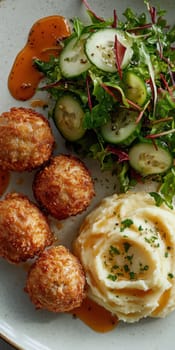 fried meatballs served with creamy mashed potatoes and a fresh green salad. AI generative.