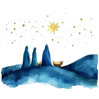 The painting depicts Mary, Joseph and the baby Jesus in a peaceful and holy scene, with Mary cradling Jesus in her arms and Joseph standing protectively by their side.AI generative.