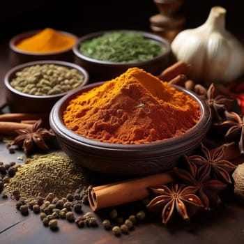 many hot indian spices including curry and curcuma, AI generated image
