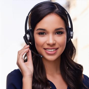 gorgeous young woman with headset in call centre, AI generated image