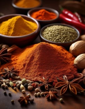many hot indian spices including curry and curcuma, AI generated image