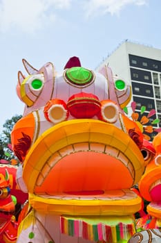 Park with traditional decoration dragon for chinese holiday. Hong Kong