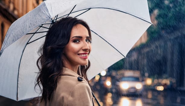 beautiful woman smiling in heavy rain, AI generated image