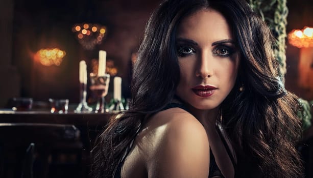 gorgeous young woman drinking beer in medieval tavern, AI generated image