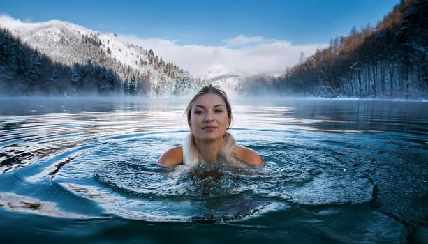 pretty young swimming woman in aced lake, AI generated image