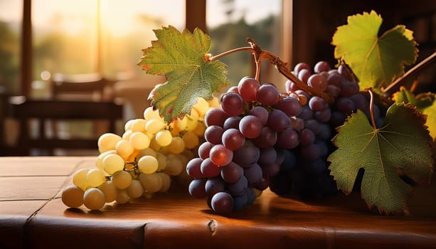 grapes on a wooden table, AI generated image