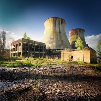 ruins of abandoned nuclear power plant, AI generated image