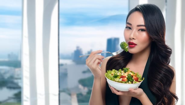 gorgeous young woman eating salad, AI generated image