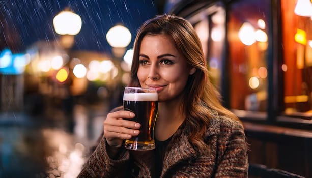 gorgeous young woman drinking beer in the rain outside pub, AI generated image
