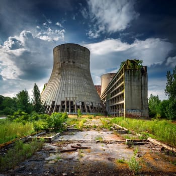 ruins of abandoned nuclear power plant, AI generated image