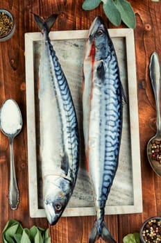 Whole raw organic fish mackerel with ingredients for cooking. Top view.