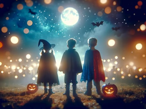 Three children in Halloween costumes stand silhouetted under a bright full moon with glowing pumpkins and bats flying in the night sky.