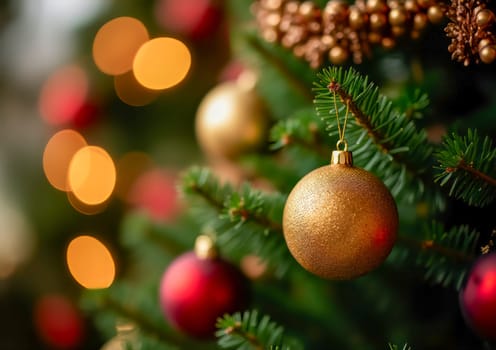 Golden and red ornaments hanging on a Christmas tree with blurred lights in the background. A festive scene, perfect for holiday decoration themes and celebrating the warmth of Christmas.