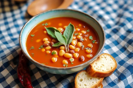 A close-up of a bowl of bean soup, garnished with fresh herbs and served with slices of bread. The dish sits on a blue and white checkered tablecloth, perfect for a comforting and healthy meal.