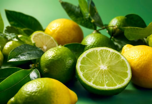Close-up of fresh lemons and limes with green leaves, some whole and others sliced. A vibrant image ideal for representing freshness, citrus fruits, and healthy ingredients.