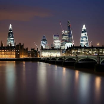 A nighttime view of London's skyline, featuring iconic skyscrapers and bridges. The cityscape is illuminated by bright lights, creating a vibrant and dynamic scene. High quality photo