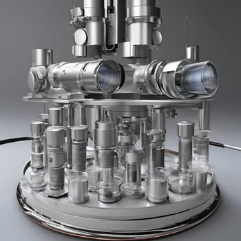 A 3D rendering of a complex scientific instrument, resembling a microscope or a telescope. The instrument is made of metal and glass, and it is detailed and realistic. High quality photo