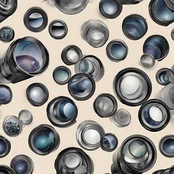 A pattern of various camera lenses on a beige background. The lenses are arranged in a random, overlapping pattern. High quality photo