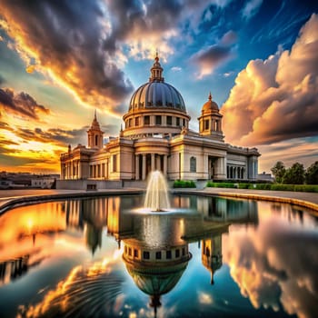 A grand, domed building with a fountain in front of it, reflected in a pool of water. The scene is bathed in a warm, golden light from the setting sun. High quality photo