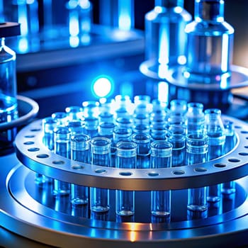 A laboratory setting with test tubes filled with blue liquid, surrounded by scientific equipment and a bright blue light. High quality photo