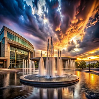 A circular fountain in a public square, surrounded by a reflecting pool. The fountain is spraying water high into the air, creating a beautiful and dynamic scene. The sky above is ablaze with a vibrant sunset. High quality photo