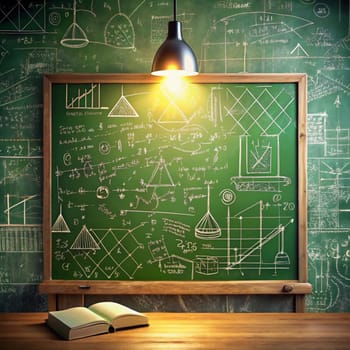 A green chalkboard with various mathematical formulas, diagrams, and sketches written on it. A light bulb hangs above the chalkboard, illuminating the scene. An open book sits on a wooden desk in front of the chalkboard. High quality photo