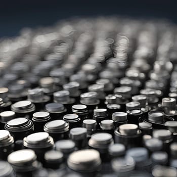 A close-up view of a field of camera lens caps, arranged in a curved pattern. The lens caps are mostly silver with black rims. High quality photo