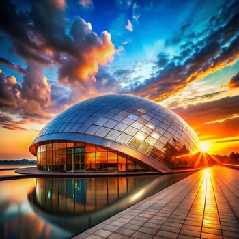 A photo of a modern, domed building with a reflecting pool in front of it. The sun is setting behind the building, creating a dramatic and colorful scene. High quality photo