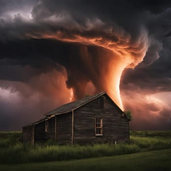 A photograph of a weathered wooden house in a field, with a large, swirling tornado in the background. The scene is dramatic and powerful, capturing the destructive force of nature. High quality photo