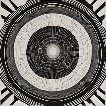 An abstract image of a black and white circular pattern. The pattern is made up of concentric circles and lines, creating a sense of depth and perspective. High quality photo