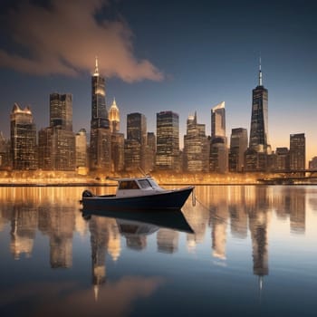 A small boat is anchored in a river, facing a cityscape at dusk. The city is illuminated by streetlights, creating a warm and inviting atmosphere. The sky is a blend of blue, orange, and pink hues, reflecting in the water. High quality photo