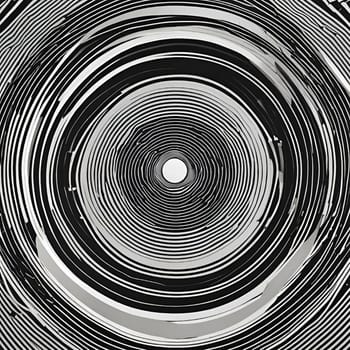 A black and white abstract image of a circular pattern resembling concentric circles or rings. The center is a small white circle. High quality photo