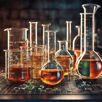 A close-up shot of a collection of laboratory glassware, including beakers, flasks, and graduated cylinders. The glassware is filled with various colored liquids, and some pieces are broken, adding a sense of drama to the scene. High quality photo