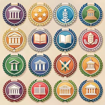A set of vintage-style icons, each representing a different symbol or motif, such as a building, a book, or a laurel wreath, suggesting themes of academia, education, or achievement. High quality photo