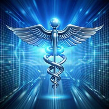 A 3D rendering of the Caduceus symbol, a medical symbol consisting of a staff with two snakes entwined around it. The symbol is rendered in silver and is set against a blue background with a grid pattern. The background appears to be a digital or technological setting. High quality photo