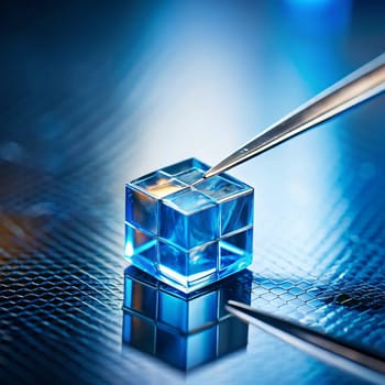 A close-up shot of a clear cube made of glass, being held with tweezers. The cube is illuminated from below, creating a sense of depth and transparency. High quality photo