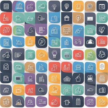 An illustration of a set of colorful icons on a white background. The icons are arranged in a grid pattern, and each icon has a long shadow. The icons represent a variety of topics, including technology, business, and nature. High quality photo