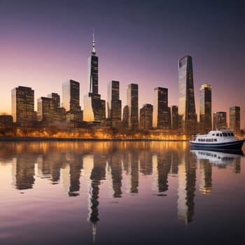 A photo of the New York City skyline at night, with a boat in the foreground. The city is lit up with bright lights, and the reflection of the city is visible in the water. High quality photo