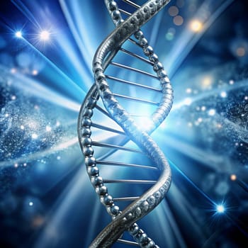 A 3D rendering of a DNA double helix, depicted as a silver-colored structure. The background is a dark blue with white, sparkling lights, simulating a starry night sky. High quality photo