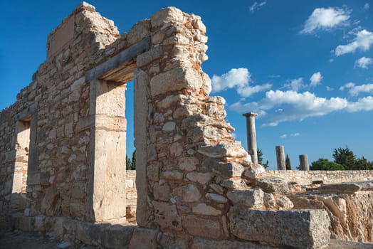 Ancient ruins of the sanctuary of Apollo Hylates in Cyprus showing stone walls and columns. Limassol District