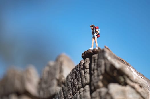 Miniature figure of a hiker with backpack is standing on a cliff enjoying the view