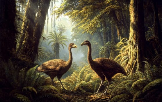A pair of massive, prehistoric Moa birds cautiously navigate the dense, verdant undergrowth of the ancient forest, their keen eyes and powerful legs allowing them to move stealthily through landscape.