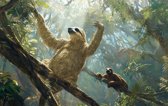 A colossal Megatherium, an ancient giant ground sloth, moves with majestic grace through the verdant, primeval forest, massive size and imposing presence commanding the attention of all who witness.