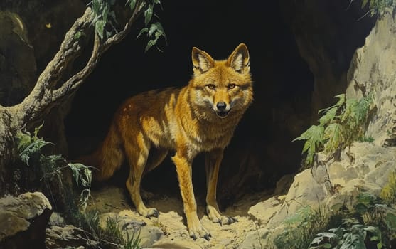 A Theriodictis emerges from the shadowy recesses of the cave, its powerful frame and sharp teeth hinting at the ancient predator's formidable hunting capabilities.