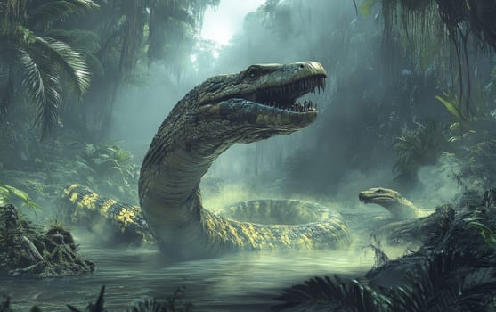 Two enormous Titanoboa snakes engage in a fierce, ritualistic confrontation, their massive, intertwined bodies and gnashing fangs a display of raw, primal power and dominance over the ancient.