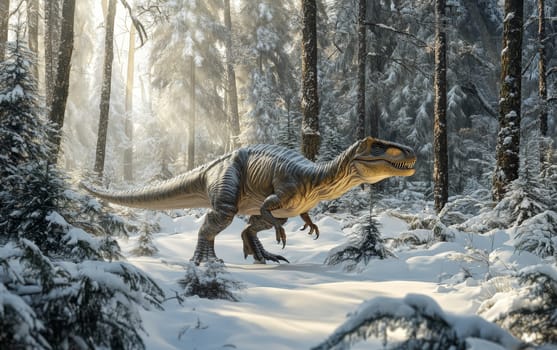 A massive Yutyrannus, a feathered tyrannosaurid, strides purposefully through the snow-laden undergrowth of a serene, winter-kissed forest, its powerful frame and sharp claws.