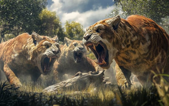 A pride of Smilodon, the fearsome saber-toothed cats, stand united and alert, their piercing roars and imposing frames warning off any potential threats to their domain within the rugged.