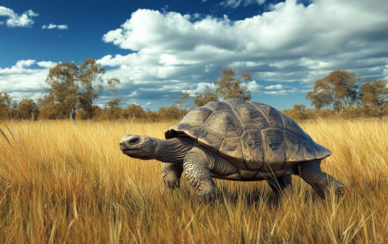 A massive Meiolania, an ancient species of horned turtle, trudges across the expansive grassy savanna, its powerful limbs and heavily armored shell commanding respect and awe.