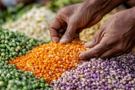 Close-up of hands sorting vibrant grains and legumes, showcasing a diverse array of colors and textures in agricultural produce.